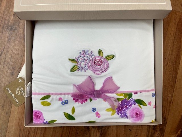 MAYORAL 9398 BABY GIRL WHITE  BOXED COTTON BLANKET LILAC TRIM    one remaining