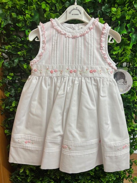 SARAH LOUISE 013190 BABY GIRL WHITE COTTON SLEEVELESS DRESS BACK TIE  PINK TRIM  6, 12 & 18months only 