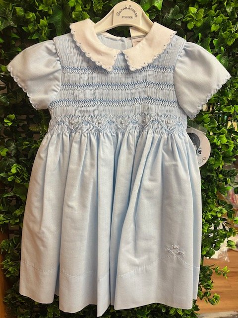 SARAH LOUISE 013195 BABY GIRL BLUE SMOCK DRESS  WHITE COLLAR  BOW TIE  18mths & 2yrs only 
