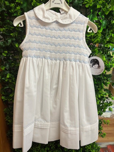 SARAH LOUISE 013240  TODDLER GIRL WHITE COTTON SMOCKED DRESS PALE BLUE TRIM BACK BOW TIE 2 & 3yrs only