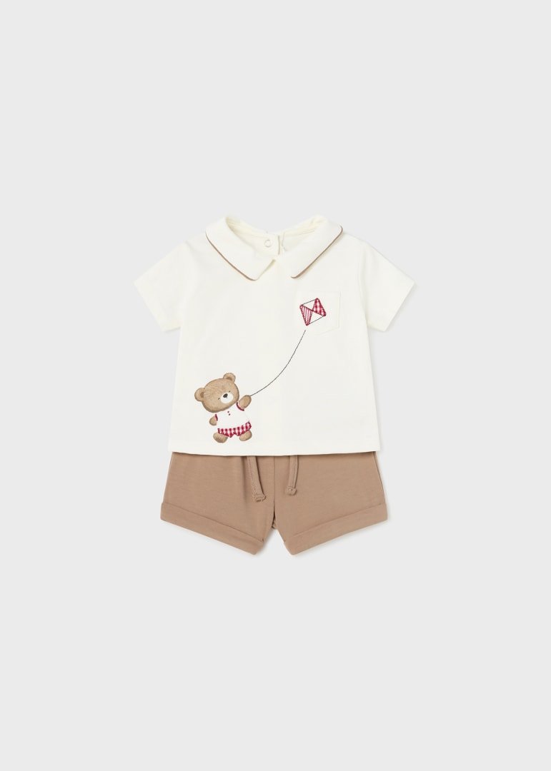 MAYORAL BABY BOYS CLOTHING  1620 2 PCE SHORTS & TEE SET BEIGE /IVORY TEDDY DETAIL 1-2 months only 
