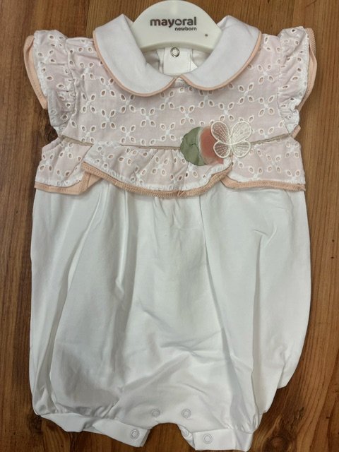 MAYORAL 1704 BABY GIRL SHORTIE BUBBLE ROMPER WHITE/PEACH EMBR ANGLAIS DETAIL