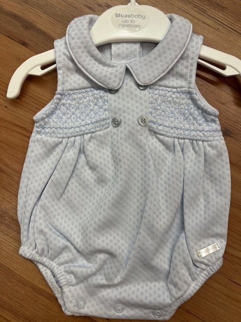 BLUES BABY BB1145 BABY BOYS  BUBBLE ROMPER WITH SMOCKING PALE BLUE 
