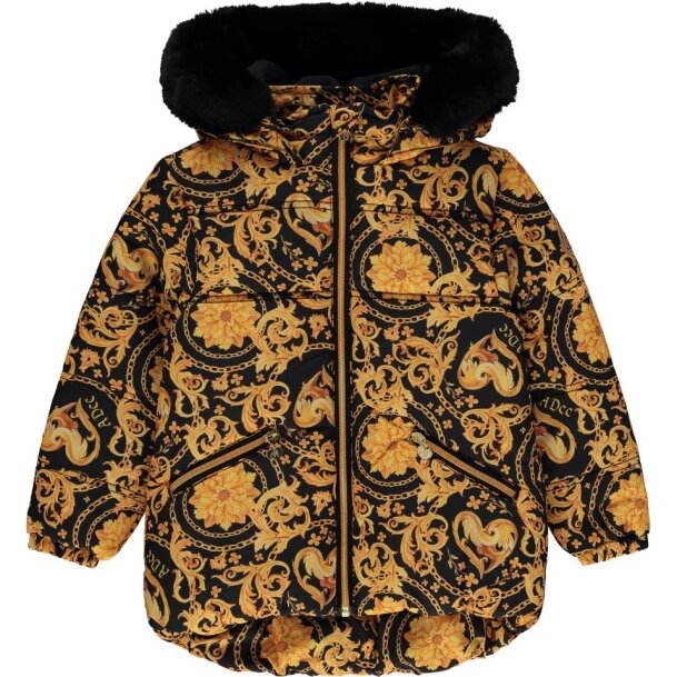 ADEE GIRLS CLOTHING  BAROQUE LOVE  BOBBIE BLACK/GOLD FAUX FUR HOODED PRINT JACKET 5,7,& 8yrs only 