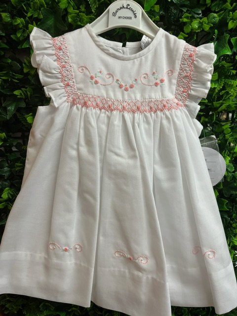 SARAH LOUISE C7101 BABY GIRL WHITE COTTON DRESS PINK TRIM  3,6 & 12months only