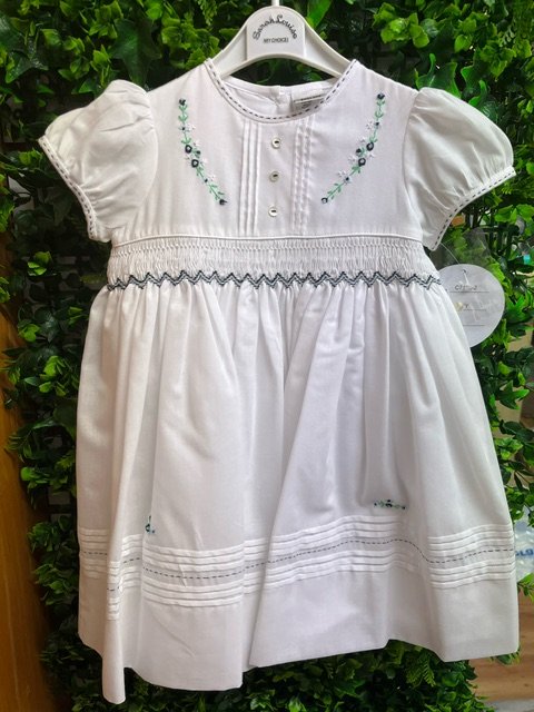 SARAH LOUISE C7103 BABY GIRL  WHITE COTTON DRESS  NAVY TRIM  12mth,18mths,2yrs only 