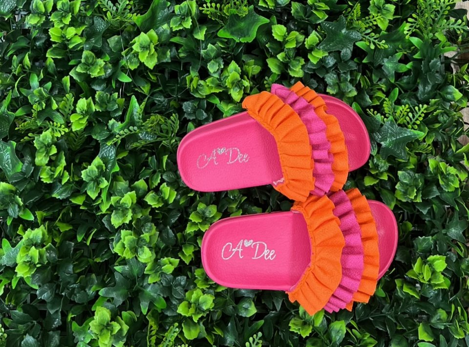 ADEE FRILLY HOT PINK /ORANGE SLIDERS   size 28 only remaining 