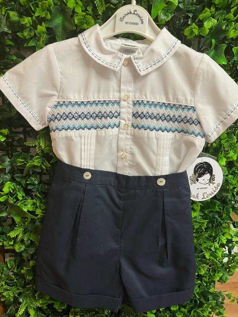 SARAH LOUISE Z1073 BABY BOY BUTTON ON TWO PCE  WHITE SHIRT/NAVY SHORTS  SMOCK DETAIL 18mths only 