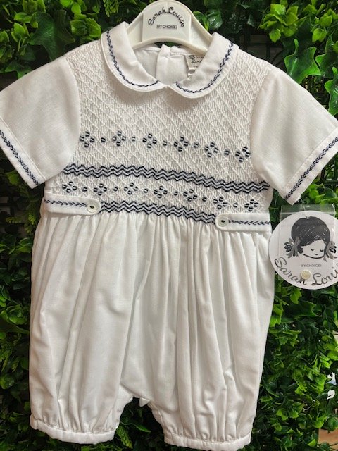 SARAH LOUISE 013178 BABY BOY WHITE COTTON SMOCKED ROMPER NAVY TRIM newborn & 3months only 