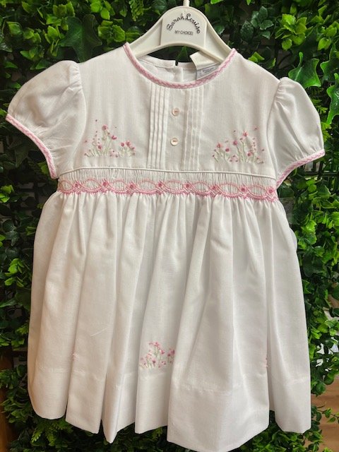 SARAH LOUISE 013185 WHITE COTTON HAND SMOCK DRESS  PINK TRIM 3,6, & 12months only