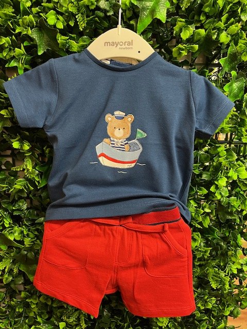 MAYORAL 1002/1214 BLUE TEE AND RED  SOFT COTTON SHORTS  2 PCE 