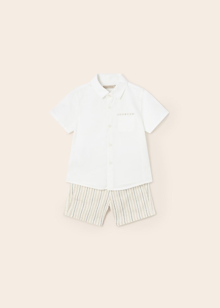 MAYORAL TODDLER BOYS CLOTHING 1295 LINEN WHITE SHIRT AND STRIPE BEIGE SHORT SET 2YRS ONLY 