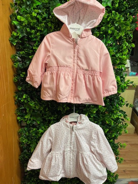 MAYORAL 1429 BABY GIRL PINK/WHITE COTTON  REVERSIBLE WIND BREAKER JACKET  REMOVABLE HOOD 