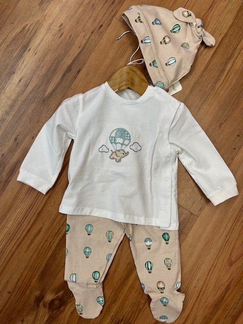MAYORAL 1532 BABY BOY 3 PCE SET LONG SLEEVE WHITE TEE APPLIQUE DETAIL BEIGE PRINTED LEGS AND HAT 