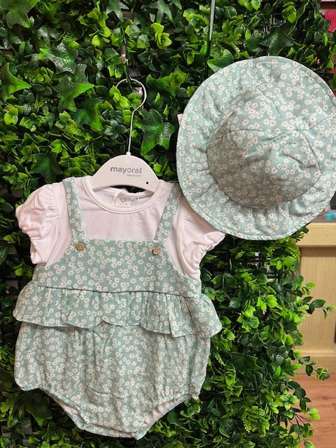MAYORAL 1602 BABY GIRL FAUX DUNG ALL IN ONE  WHITE /SAGE DAISY PRINT WITH SUN HAT 