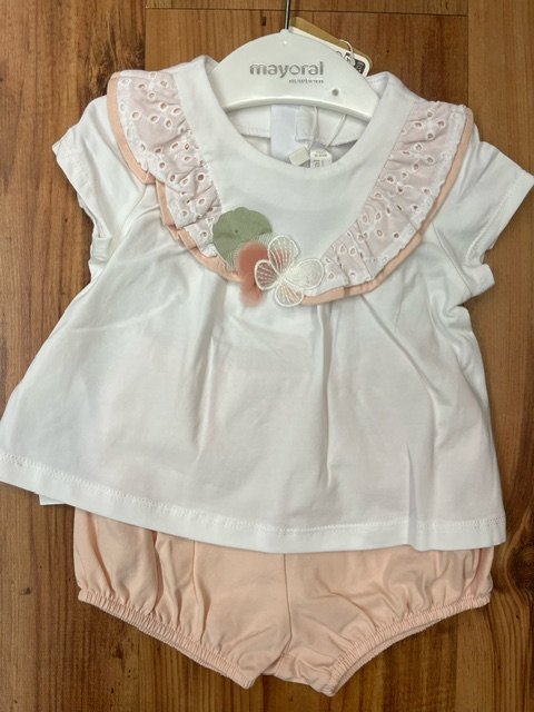 MAYORAL 1610 BABY GIRL 2 PCE BLOOMER SET WHITE/PALE PEACH EMBROID ANGLAIS DETAIL