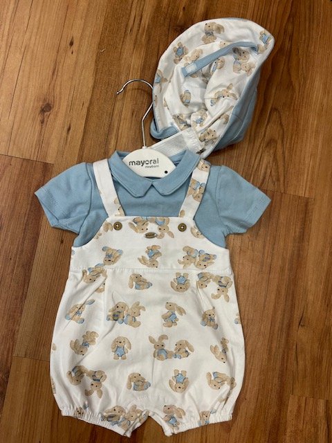 MAYORAL 1616 BABY BOY FAUX DUNG  WHITE PRINTED  ALL IN ONE WITH HAT 