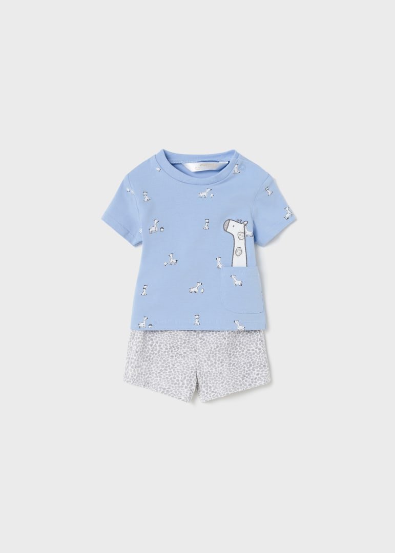 MAYORAL BABY BOYS CLOTHING  1619 2 PCE SHORTS AND TEE BLUE/GREY GIRAFFE PRINT DETAIL 6/9 & 12months only 