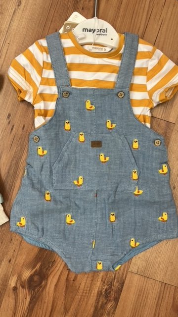 MAYORAL 1623 BABY BOY CHAMBREY DUNGS WITH EMBROID CHICKK DETAIL YELLOW/WHITE STRIPE TEE 