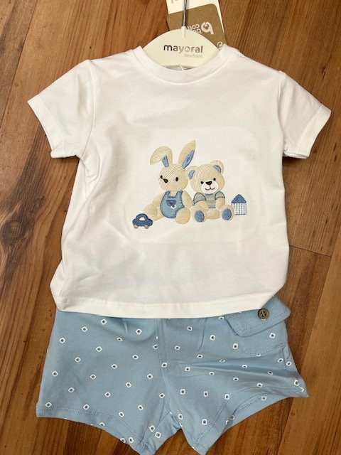 MAYORAL 1625 WHITE TEE APPLIQUE DETAIL AND BLUE SHORT SET 
