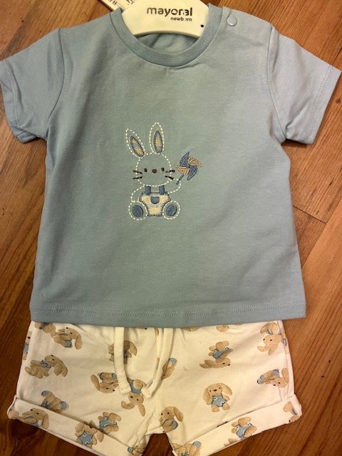 MAYORAL 1625 BABY BOY  BLUE TEE APPLIQUE DETAIL  AND WHITE PRINTED SHORTS 