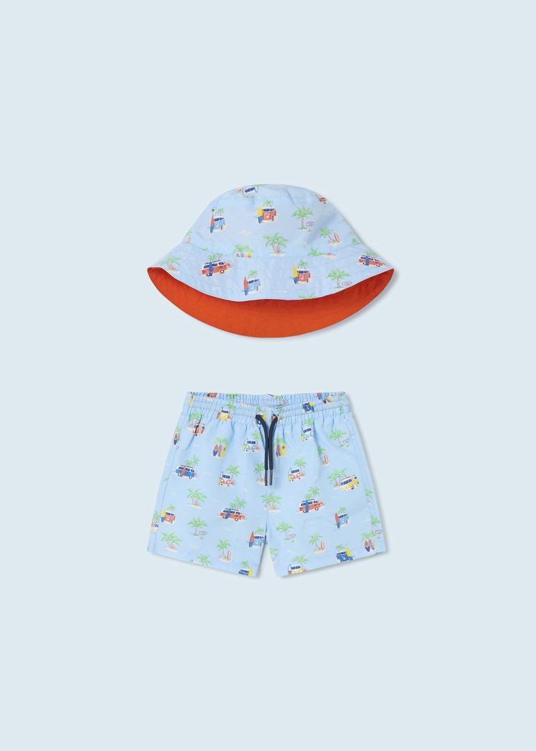 MAYORAL BABY BOYS CLOTHING  1640 BEACH TO SWIM SHORTS WITH MATCHING HAT  CAMPERVAN PRINT 12MONTHS ONLY 