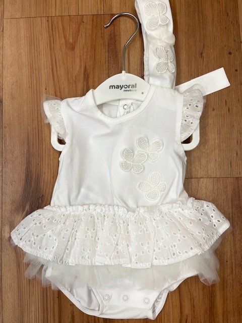 MAYORAL 1702 BABY GIRL WHITE TUTU ROMPER BUTTERFLY APPLIQUE DETAIL WITH HEADBAND