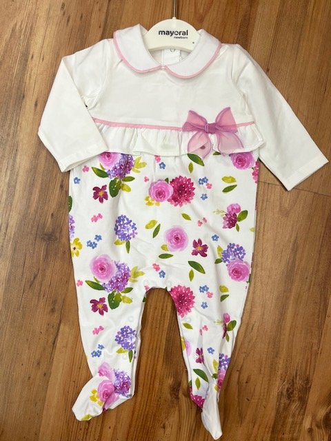 MAYORAL 1705  BABY GIRL WHITE COTTON ALLL IN ONE WITH FEET  LILAC PRINTED DETAIL