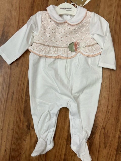 MAYORAL  1705 BABY GIRL WHITE/ PALE PEACH ALL IN ONE WITH FEET 