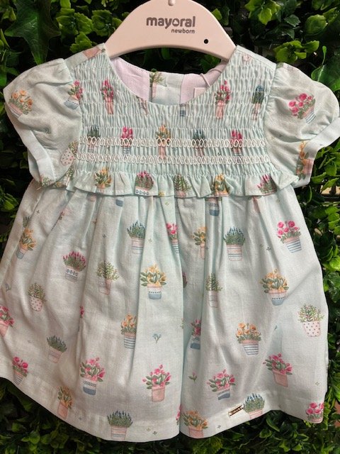 MAYORAL 1801 BABY GIRL COTTON LAWN  PRINTED DRESS PALE JADE WITH FLOWER POT PRINTED DETAIL