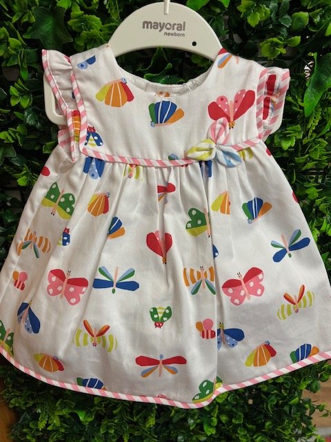 MAYORAL 1807 BABY GIRL WHITE   SATIN COTTON DRESS WITH MATCHING KNICKS  MULTI COL PRINTED DETAIL