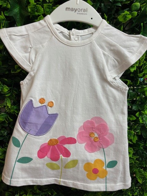MAYOYAL 1811 BABY GIRLS WHITE COTTON A LINE DRESS APPLIQUE FLOWER DETAIL 