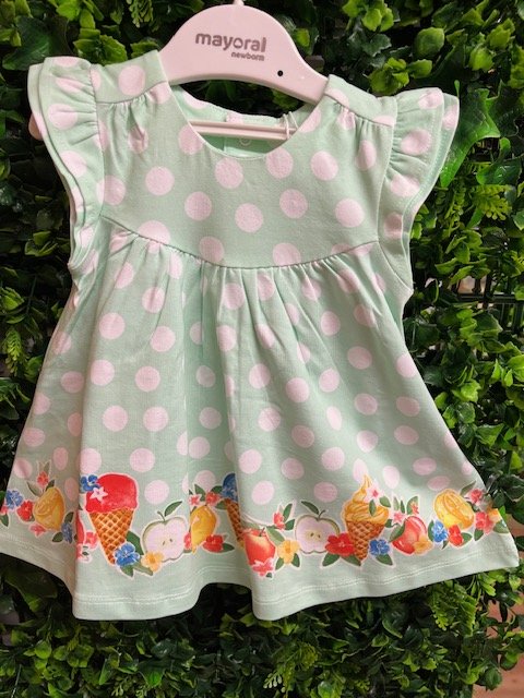 MAYORAL 1833 BABY GIRL APPLE GREEN JESRSEY COTTON DRESS  PRINTED DETAIL