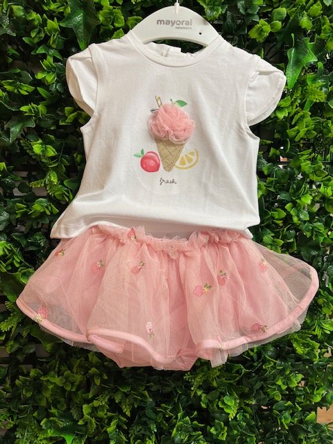 MAYORAL 1838 BABY GIRL TULLE AND BLOOMER SET ICE CREAM DETAIL 2 PCE 