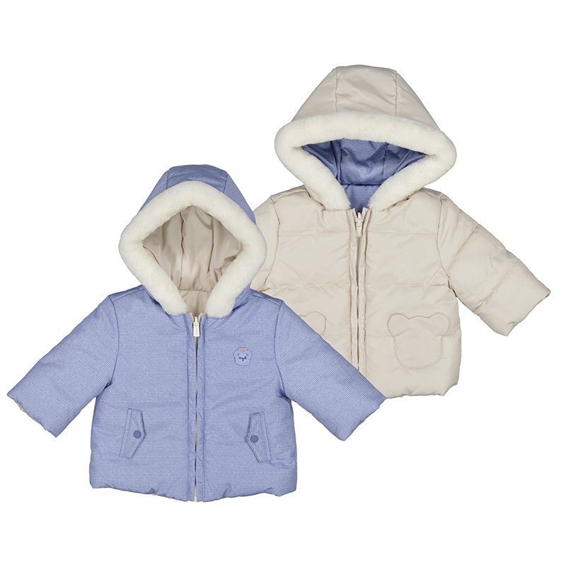 MAYORAL BABY BOYS CLOTHING  2410 REVERSIBLE ZIP THRO FUR TRIM HOODED ANORAK BLUE/CREAM4-6,MONTHS ONLY 