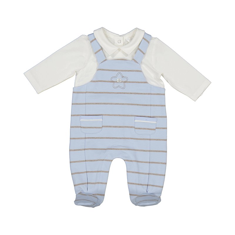 MAYORAL BABY BOYS CLOTHING  2671 FAUX DUNGAREE ALL IN ONE  CREAM/BLUE/BEIGE  2-4 MTHS ONLY 