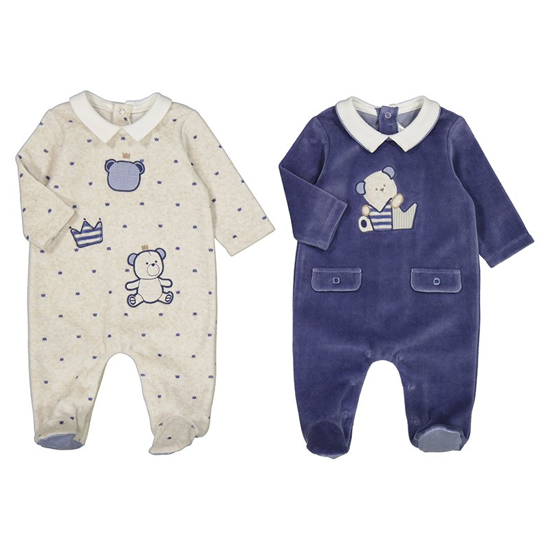 MAYORAL BABY BOYS CLOTHING  2749 CHINA BLUE VELOUR ALL IN ONE WITH COLLAR AND FEET (ONE ONLY) 1-2 mths only 