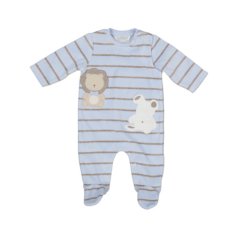 MAYORAL BABY BOYS CLOTHING  2754 PALE BLUE/BEIGE STRIPE VELOUR ALL IN ONE WITH FEET 0-1 & 2-4MTHS ONLY 