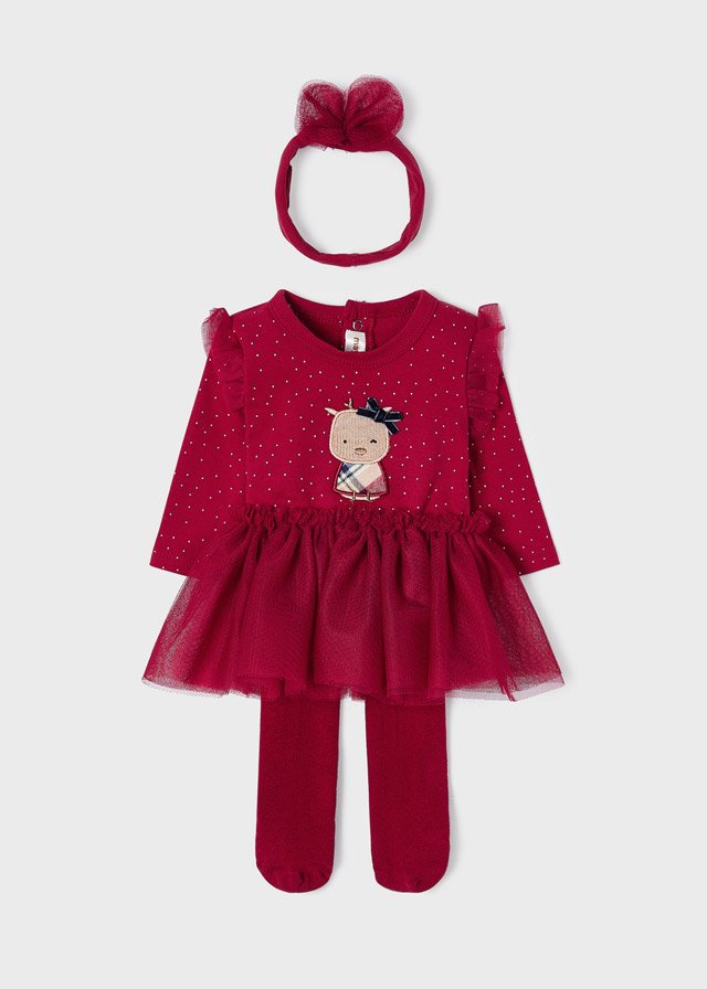MAYORAL BABY GIRLS CLOTHING 2815 RED ALL IIN ONE WITH TIGHT WITH TUTU ATTACHED & HEADBAND 4/6months only