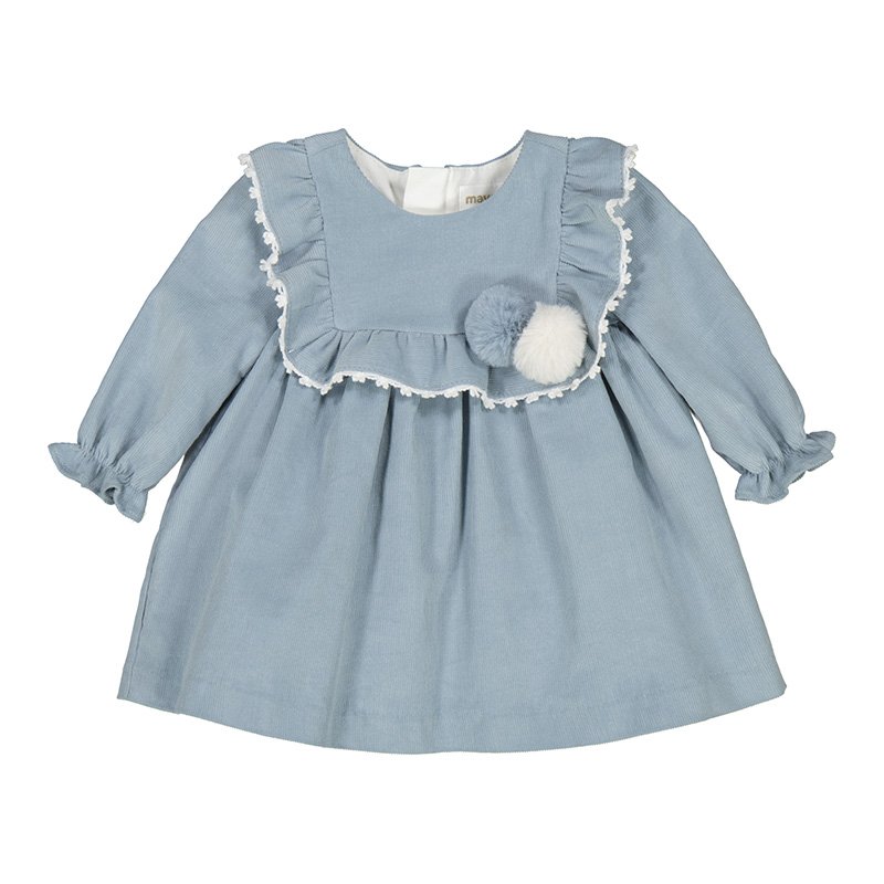 MAYORAL BABY GIRLS CLOTHING 2859 DUCK EGG BLUE LINED NEEDLE CORD DRESS POM POM DETAIL 18MTHS ONLY 