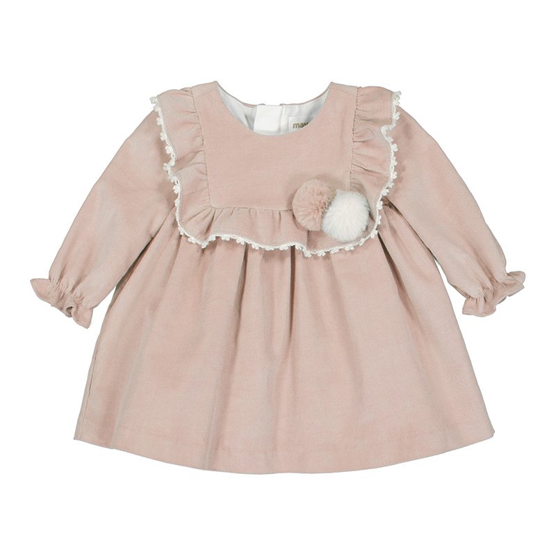 MAYORAL BABY GIRLS CLOTHING 2859 SOFT PINK NEEDLE CORD LINED DRESS POM POM DETAIL  12MTHS ONLY 