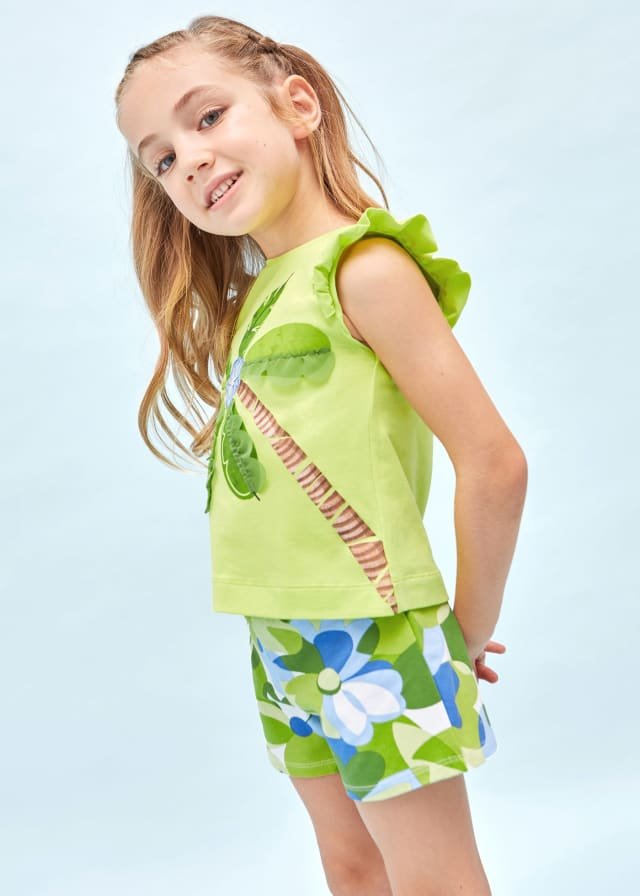 MAYORAL GIRLS CLOTHING  3215 LIME/WHITE/BLUE SHORT SET APPLIQUE DETAILS AND DETAIL ON BACK  6yrs  only 