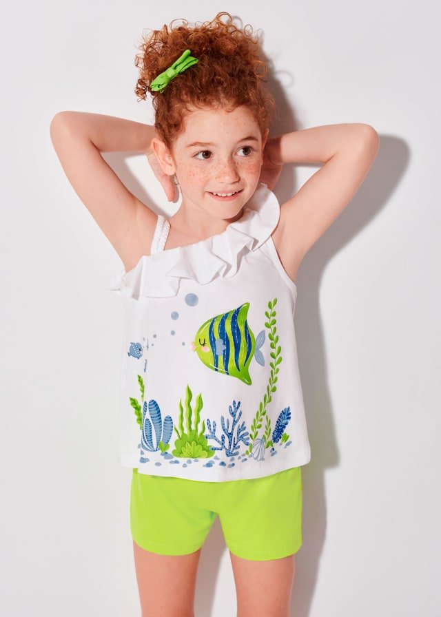 MAYORAL GIRLS CLOTHING  3218 2 PCE SHORT SET SEQUIN DETAIL LIME/WHITE/BLUE  8yrs only