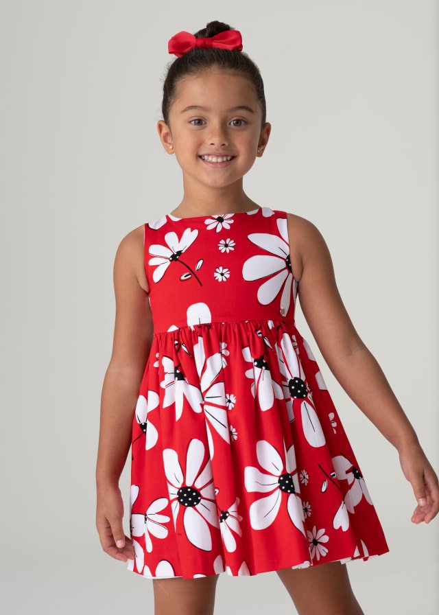 MAYORAL GIRLS CLOTHING  3917 LINED COTTON DRESS RED/WHITE/BLACK PRINTED OPEN BACK DETAIL, 9YRS ONLY 