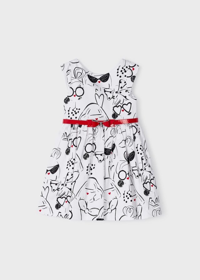 MAYORAL GIRLS CLOTHING 3921 LINED COTTON DRESS BLACK /WHITE PRINT RED BELT OPEN BACK DETAIL  6YRS ONLY 