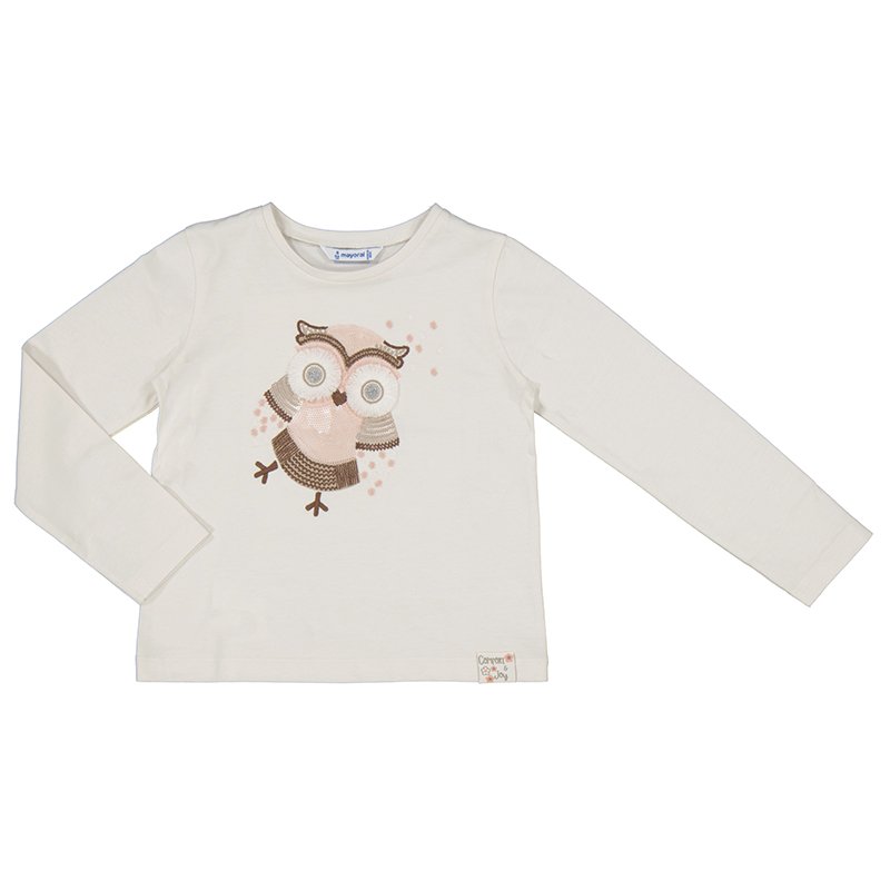 MAYORAL GIRLS  4008 IVORY  LONG SLEEVE NUDE COL APPLIQUE/ TINY SEQUIN  OWL DETAIL 6 YRS ONLY