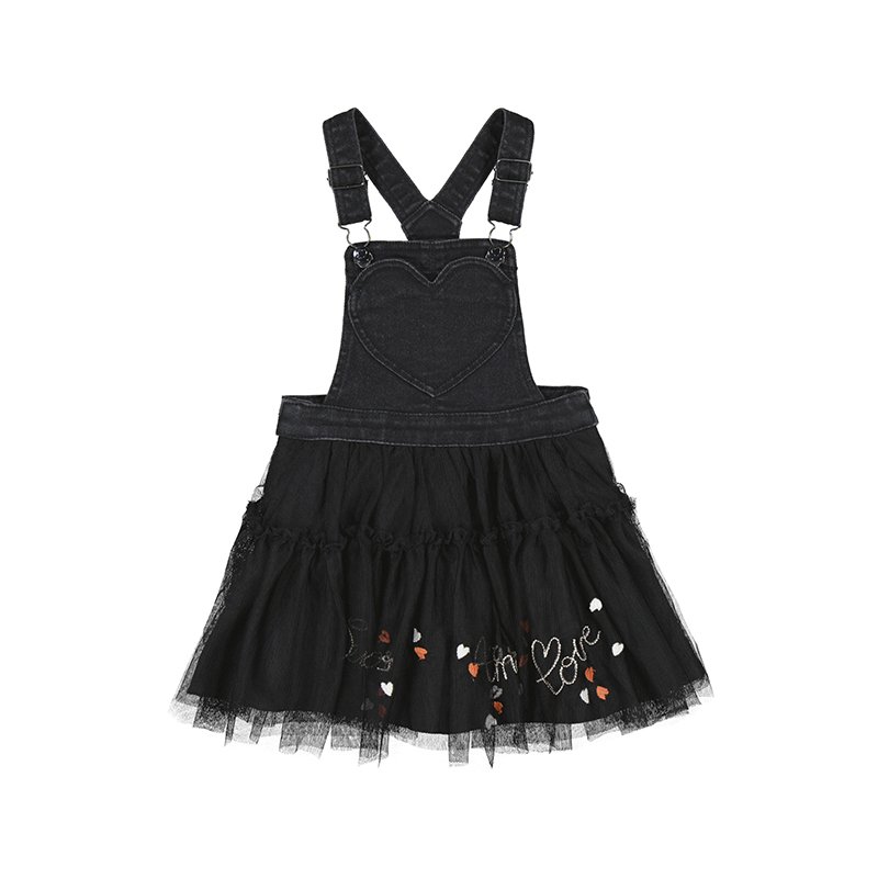 MAYORAL GIRLS CLOTHING 4909 BLACK PINAFORE DUNGAREE  WITH TULLE SKIRT  EMB DETAIL  4  & 5YRS ONLY 