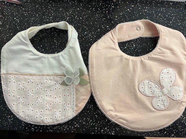 MAYORAL 9416 BABY GIRL BOXED SET OF 2 BIBS  WHITE/PALE PEACH EMBROID ANGLAIIS DETAIL