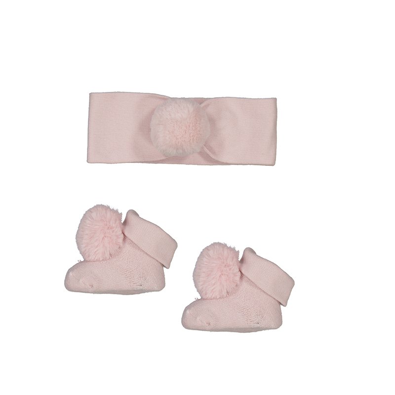 MAYORAL BABY GIRLS CLOTHING 9657 PINK POM POM BOOTEES AND HEADBAND SET  NEWBORN ,3MTH & 6MTHS ONLY 
