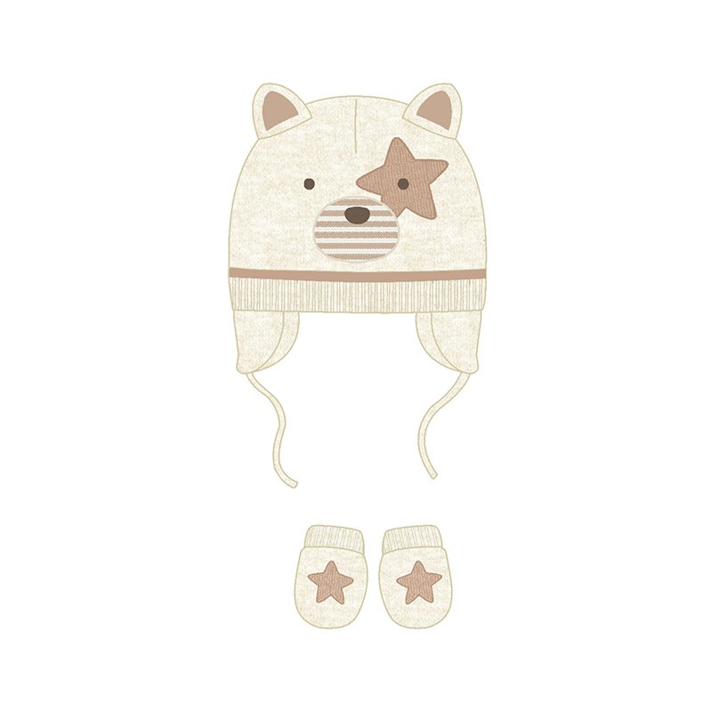 MAYORAL BABY UNISEX CLOTHING  9667 BEIGE COTTON KNIT HAT AND GLOVES BEAR DETAIL